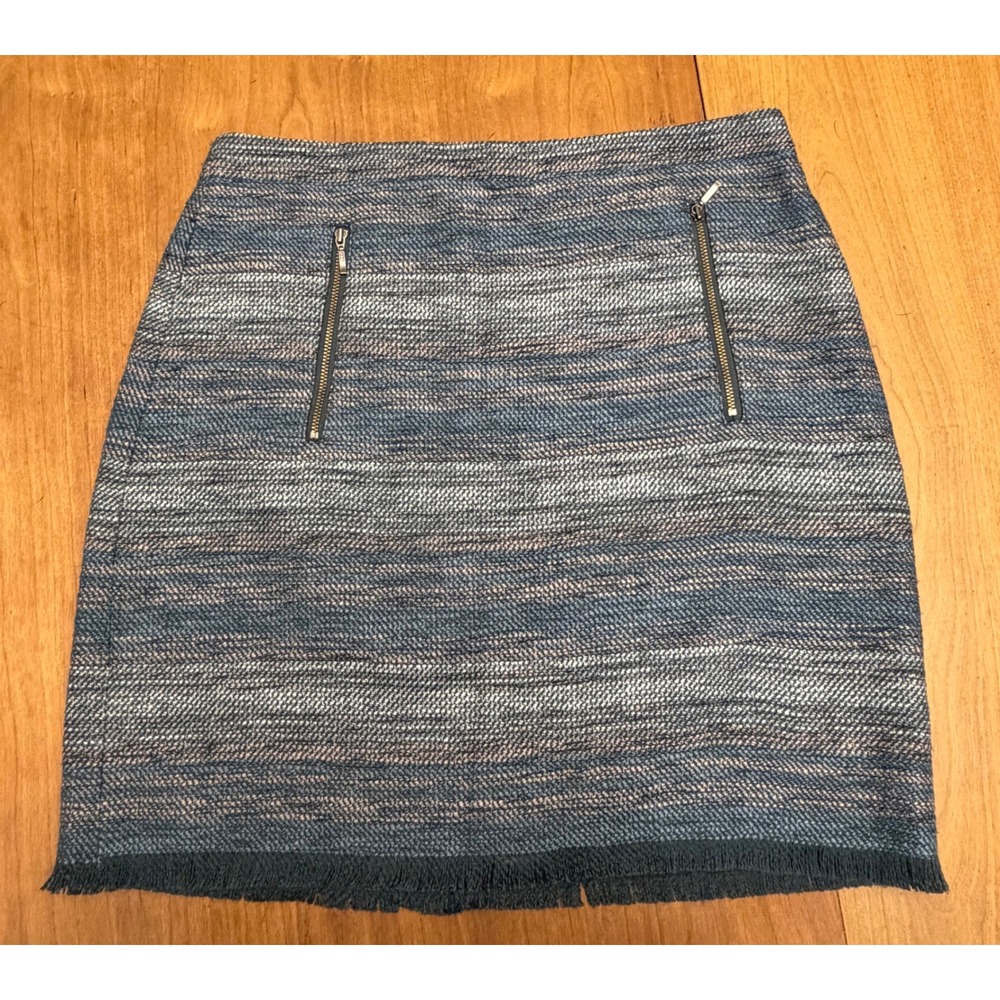 Loft Blue Tweed Mini Skirt Frayed Hem Front Zippers Size 8